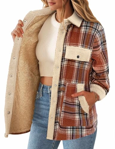 Zeagoo Fleece Lined Jacket Women Flannel Plaid Shacket Fall Outfits for Women 2026 Sherpa Long Sleeve Shirts Orange M