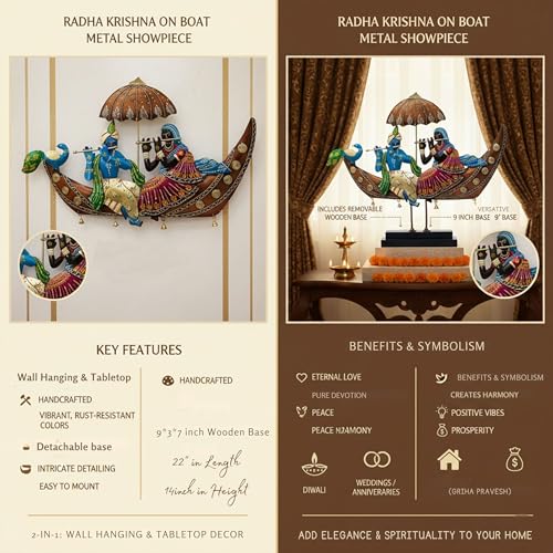 Image of KRAFTSKALA Radha Krishna on Boat Showpiece - 2-in-1 Wall Hanging & Tabletop Iron Metal Decor with Wooden Base | 22 Inch Handcrafted Figurine for Living Room, Diwali Gifting