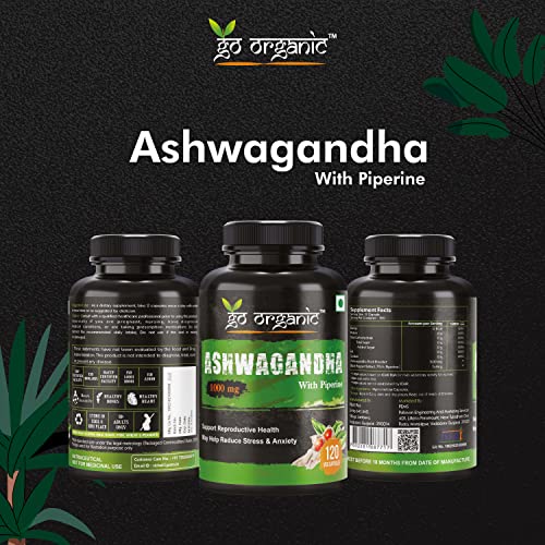 Image of Go Organics Ashwagandha 1000Mg | Boost Energy, Strength, Stamina | Helps Anxiety & Stress Relief For Men & Women-120 Veg Capsules