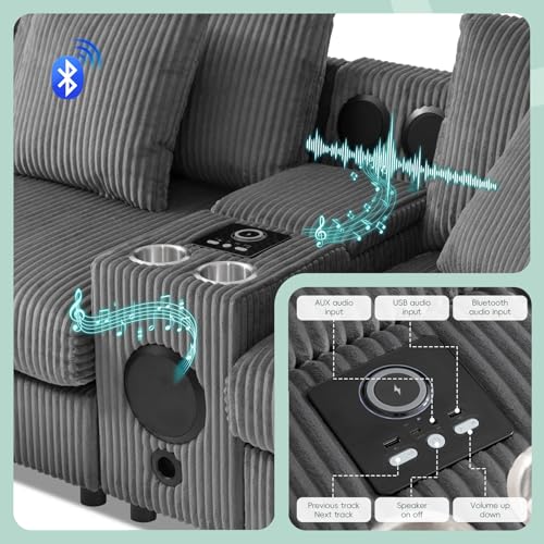 Image of Merax 4 Seater Corduroy Sectional Modular Couch Sofa w /Bluetooth Speakers, L Shaped Deep Seat Cloud Comfy Couches Sofa w /Console, USB Charger, Cup Holders, Storage, Ottoman Chaise for Living Room