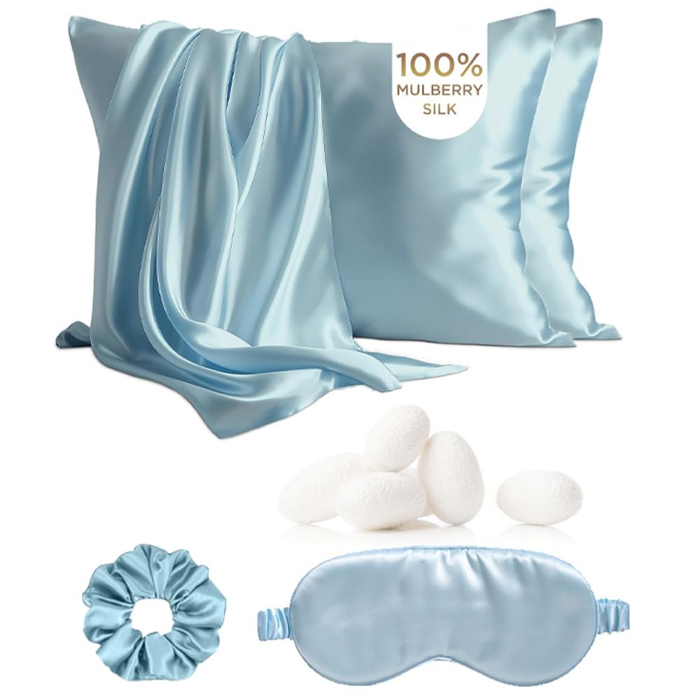 2 Pack Mulberry Silk Pillowcases Queen Size for Hair and Skin, Includes Eye Mask and Hair Tie Luxurious, Soft and Skin-Friendly, (Blue, Queen (30x20 Inch)) Blue Queen (30x20 Inch)