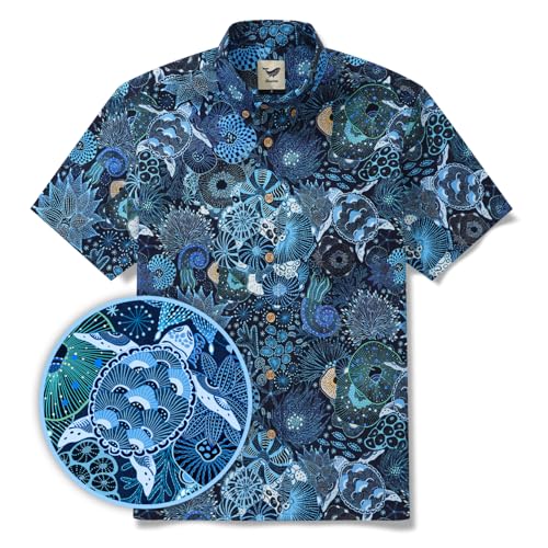 Men's Blue Hawaiian Shirt Short Sleeve Button-Down Sea Turtle Shirt 100% Cotton Blue Aloha Reef Rules3
