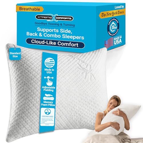 Xtreme Comforts Standard Bed Pillow for Sleeping | Adjustable Shredded Memory Foam Pillows with...
