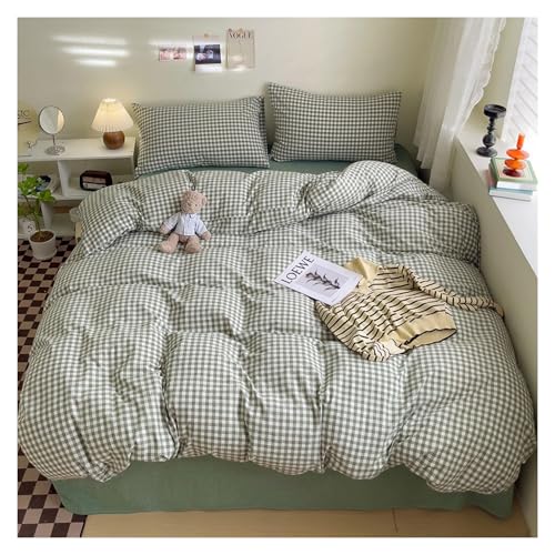 DONEUS Grünes Gingham-Bettwäsche-Set, Queen-Size-Bett, 100 % gewaschene Baumwolle, moderner Stil, superweich, kariert, für alle Jahreszeiten, 3-teiliges Gittermuster, Bettbezug mit 2 Kissenbezügen