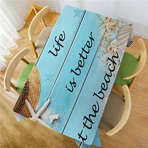 Swono Beach Wood Tablecloth Straw Hat Seashell Starfish Rectangle Table Cloth, Life Is Better At The Beach Quote 52X 70 Inch Tablecloth Plaid Table Cover For Kitchen Holiday Dinner #TOP1