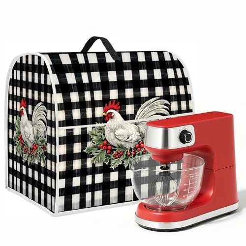 Image of Kitchen Dust Cover Compatible with 4.5 5 6 8 quart Stand Mixer, Kitchen Appliance Protective Covers with Top Handle and Pocket (Black-white striped chicken, For All 6-8 qt Mixer)