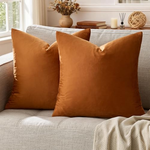Image of GIGIZAZA Throw Pillow Covers 22x22 Inch Dark Burnt Orange Velvet Pillows Decorative Covers Pack of 2 for Sofa Pillowcase Cushion Covers