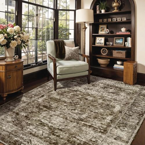 OHWPEAT Area Rugs 5x7, Washable Brown Rugs for Living Room, Bedroom, Vintage Boho Indoor Soft Carpet for Dining Room, Low Pile Rugs for Office, Farmhouse — view 2
