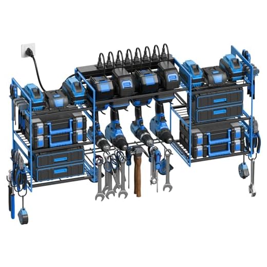 CCCEI Blue Power Tool Organizer Wall Mount, Large Tools and Battery Storage Rack Charging Station Individual Switches. Drills Holder, Garage Utility Shelves with 6FT Power Strip. Gift for Men.