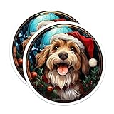 (2 Pack) Christmas Dog Magnets - Santa Hat Pet Decor - Stained Glass Style Art - 5 Inches On Longest Side - Thick Durable Magnet - Made in USA - MAG28403