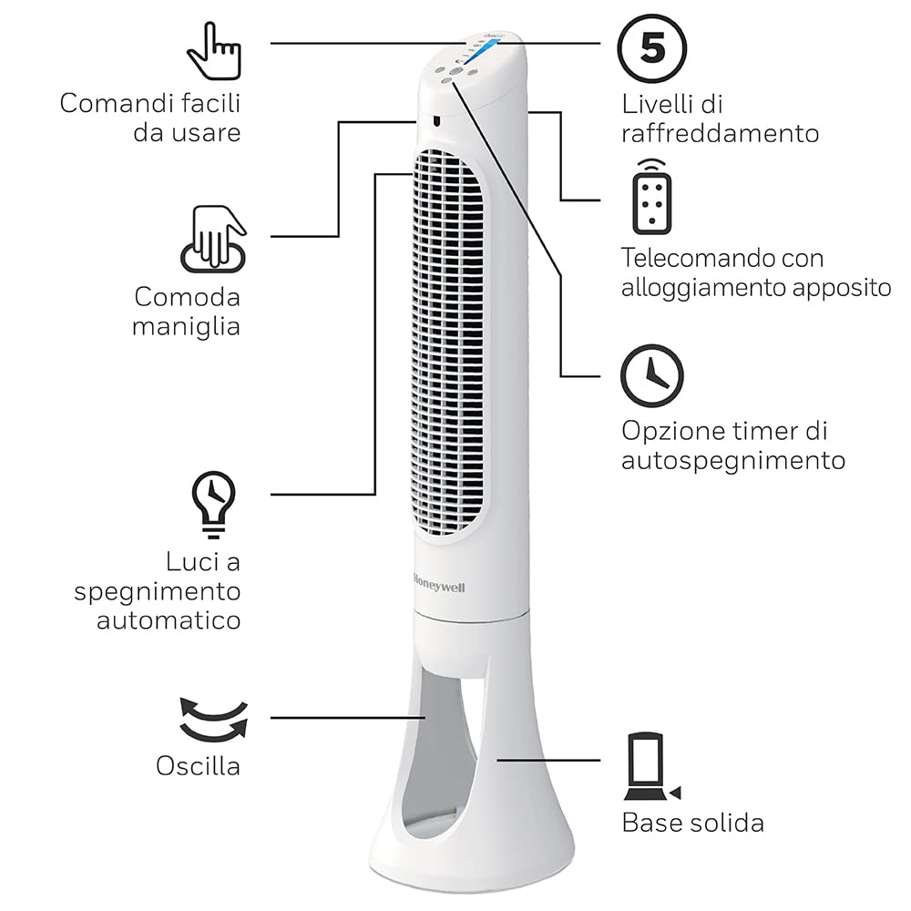 Ventilatore a torre oscillante per l'intera stanza Honeywell QuietSet (5 impostazioni di velocità, oscillazione a 80°, timer, luci a spegnimento automatico, telecomando) HYF260