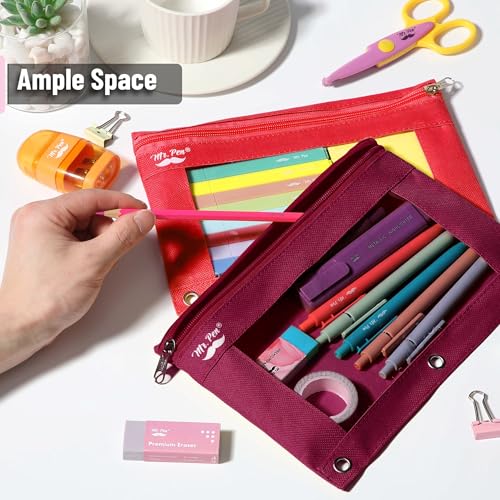 Image of Mr. Pen- Pencil Pouch for 3 Ring Binder, 2 Pack, 10 inchx6.75 inch, Smooth Zipper | Clear Window, Large Capacity Pencil Case with 3 Reinforced Grommets for School, Office, Supplies Storage | Clear Window, Large Capacity Pencil Case with 3 Reinforced Grommets for School, Office, Supplies Storage