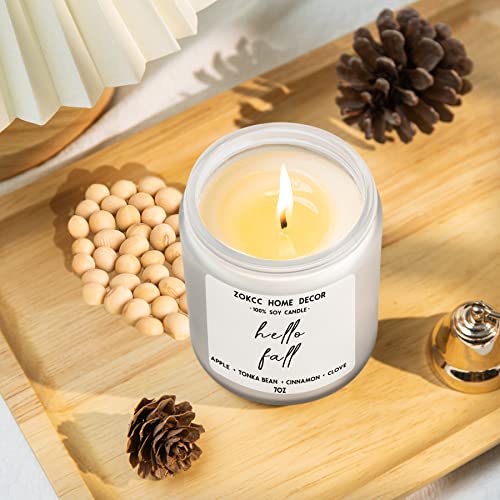 Fall Scented Candles Autumn Home Decor, Hello Fall, Apple + Tonka Bean + Cinnamon + Clove, Fall Gifts For Women, 7Oz Frosted Jar, 50 Hour Burn Time #TOP5