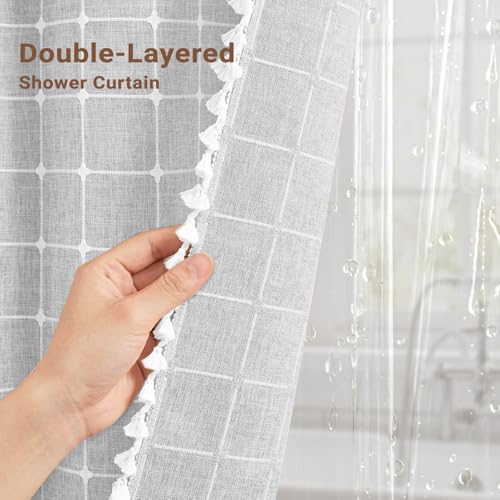 Image of BTTN 3 in 1 Shower Curtain with PEVA Liner, Grey Boho Linen Fabric Shower Curtain Set with Plastic Hook, Farmhouse Bohemian French Country Waterproof Cloth Shower Curtain for Bathroom, Gray, 72x72