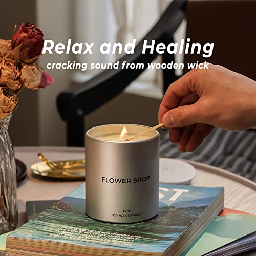 Undelms Scented Candle 15Oz Flower Shop Candle Jasmine, Hyacinth, Sea Salt Scented Soy Wax Candle, Wood Wicked Luxury Aluminum Jar Candle For Home Fragrance 85 Hours Burn Aromatherapy Candles #TOP2