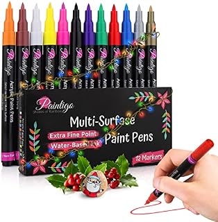 PAINTIGO Acrylic Paint Pens for Rock Painting, Wood, Ceramic, Glass, Fabric, Mugs, Canvas, DIY Craft Supplies - Acrylic Paint Markers Set of 12 Colors, Water Based, Waterproof, Extra Fine Tip 0.7mm