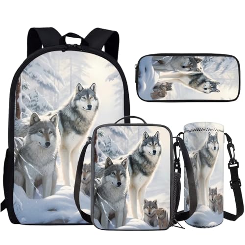 AmzPrint 4 In 1 Wolf Backpack Set For Boys Girls Kids Wolf Backpack With Lunch Box Pencil Pouch Water Bottle Carrier Set2