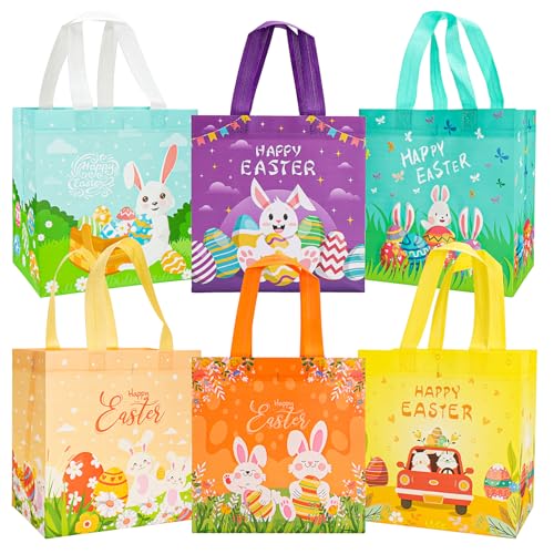 6 Stück Geschenktüten Ostern Oster Tragetaschen mit Griffen Ostern Tasche Geschenktüten Kinder Non-Woven Ostertaschen zum Verpacken von Geschenken Eiersuche Partyzubehör 22.5 x 22.5 x 11CM