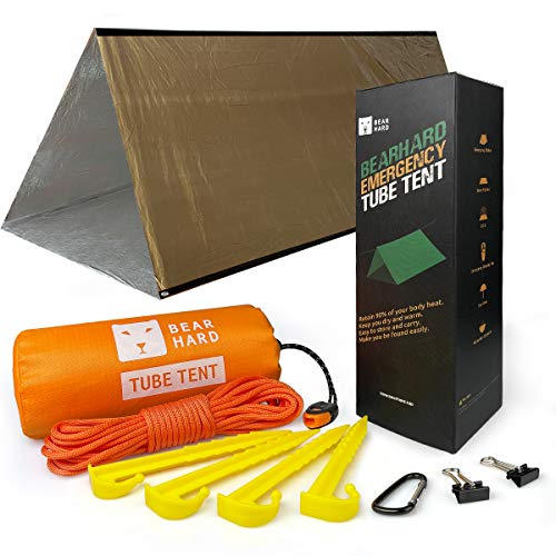 Bearhard Emergency Tent, 2 Person Tube Tent Survival Shelter with Paracord, Stakes Ultralight Survival Tent Emergency Shelter Use as Survival Gear Space Blanket for Camping, Hiking, Kayaking
