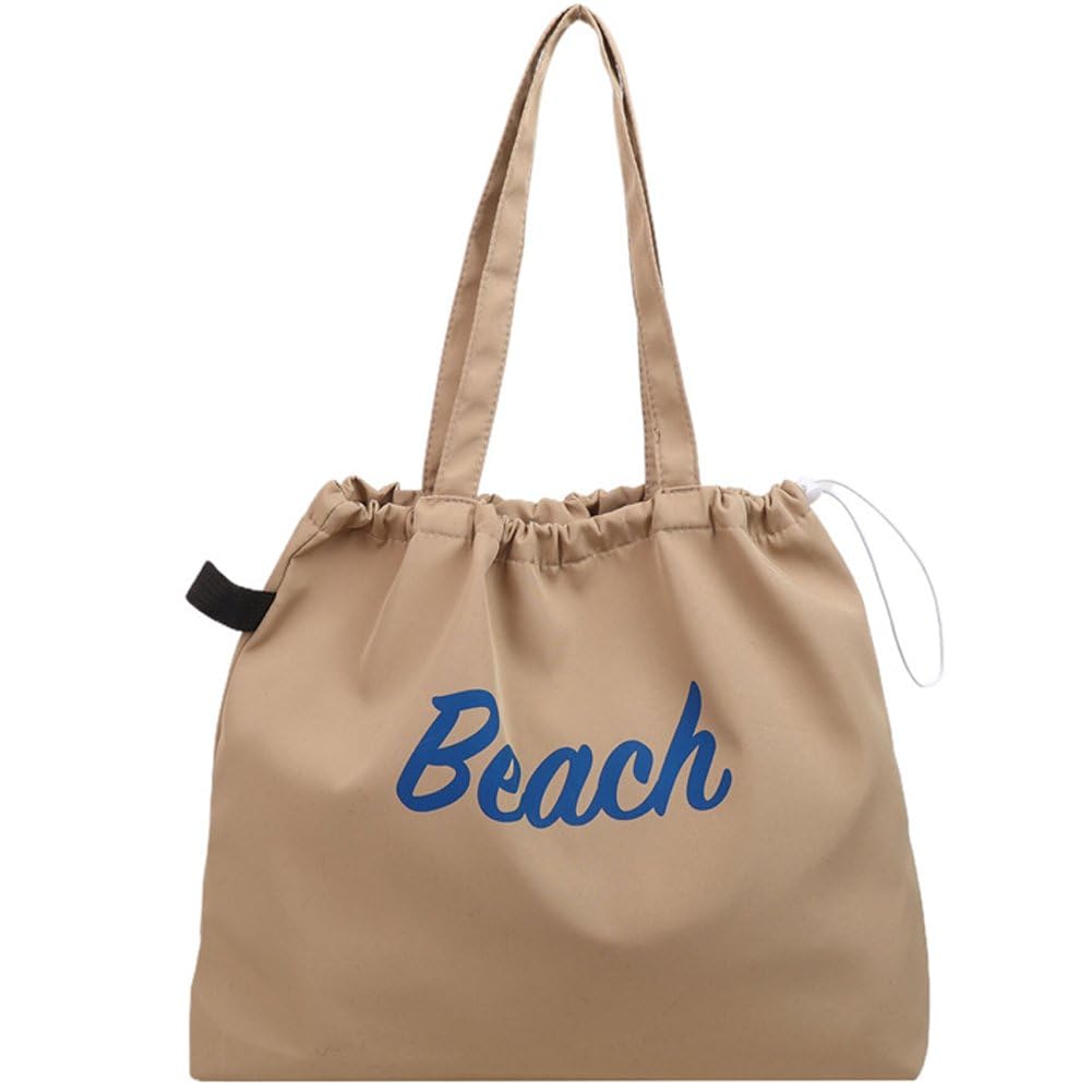Sslvya Letter Print Tote Bag with Drawstring Large Capacity Beach Shoulder Bag for Daily Travel Grocery Shopping Picnic Use