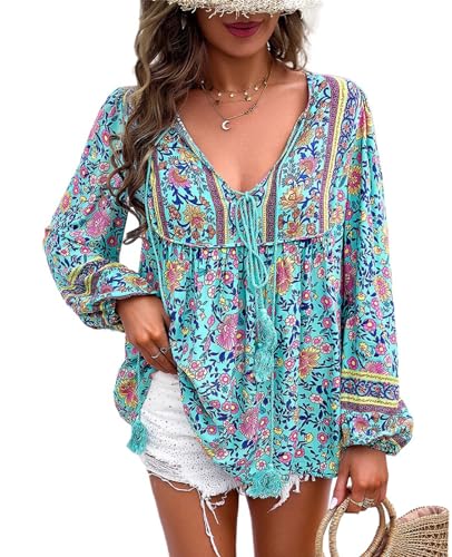 Women's Casual Floral Print V Neck Top Loose Boho Long Sleeve Beach Shirts Blouses