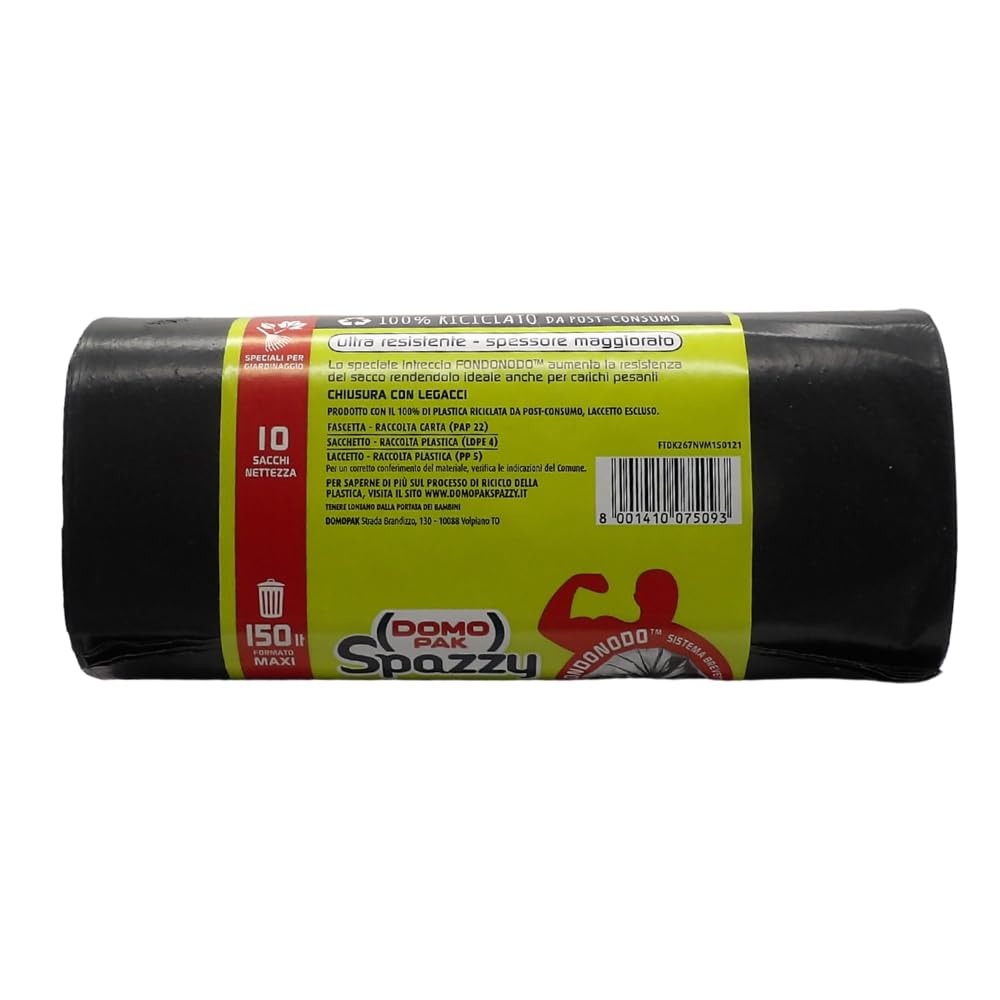 Sacchi Nettezza MAXI STRONG, Formato 150L, Misura 80x120 cm. Ultra Resistente - Spessore Maggiorato. Rotolo Da 10 Sacchi Neri (6 Rotoli)