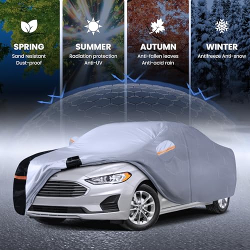 Image of Multi-Layer Car Cover Custom Fit for Ford Fusion(205-2026), 100% Waterproof All Weather for Automobiles, Gift with Towel, Heavy Duty Car Covers for Rain Sun UV Protection with Door Zipper