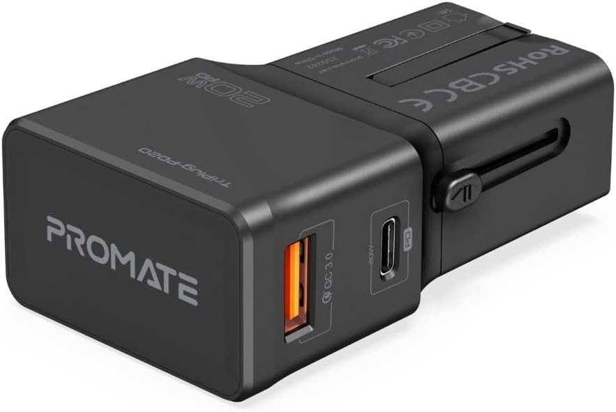 Promate Travel Adapter, All-In-One International Travel Power Charger with 20W Fast USB-C Charging Port, Qualcomm QC 3.0 and Smart Surge Safety for USA, EU, UK, AUS, Cellphones, TriPlug-PD20 Black