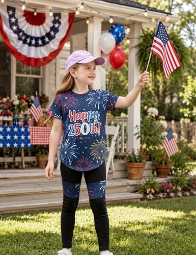 Image of Girls 2 Piece Outfits Kids Clothes Pants Sets Print Short Sleeve Top Leggings Spring Summer Tracksuit 4-13Y