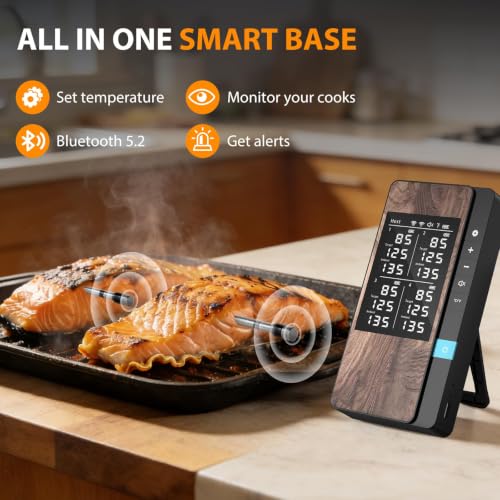 Image of Wireless Meat Thermometer Digital, 4 Probes Bluetooth Thermometer | Smart App & Standalone Display Base, NIST ±0.5F, Instant Read LCD, BBQ Smoker Grill Oven, Brisket Steak Turkey Pork