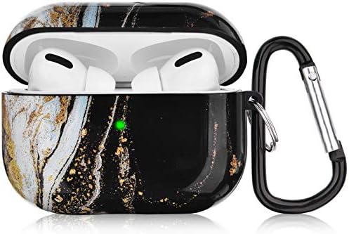 QINGQING Airpods Pro Case, Cute Marble Airpod Pro Protective Hard Case Cover Shockproof Women Girls Men with Keychain for Apple Airpods pro Charging Case (Black Gold Wave)