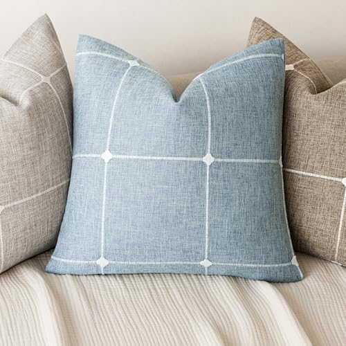 Image of Foindtower Pack of 2 Decorative Faux Linen Jacquard Check Throw Pillow Covers Farmhouse Cushion Cover with Grid Textured Accent Pillowcase for Couch Sofa Living Room Home Decor,16x16 Inch,Light Blue