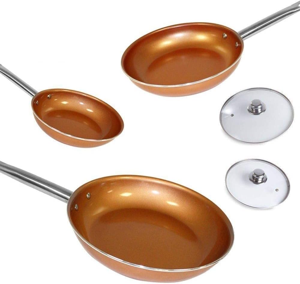 Set of Highly Resistant Copper-Coated Frying Pans - Certified under the German Food and Feed Code (LFGB) and Completely Free from Perfluorooctanoic acid (PFOA) -5 Frying Pans with Innovative Non-Stick Coating Made out of Ceramic and Micronised Copper -Polished Copper and Ceramic -Kitchenware Set Made up of 3 Frying Pans and 2 Lids -Diameter:20 / 24 / 28 cm -These Frying Pans Can Also Be Used in Ovens in Temperatures of up to 200° -The Perfect Underside for Cooker/Induction Hobs -Shiny Copper Colour