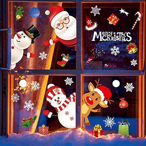 BEKOIUP Pegatinas de Navidad Ventana,Reutilizable PVC Pegatinas Navidad,Decoración navideña para el hogar con Reno Santa Claus Copos Nieve Decoracion