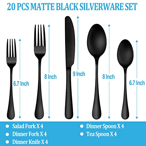 20 Piece Matte Black Silverware Set,Stainless Steel Flatware Cutlery Set Service For 4,Kitchen Tableware Set,Utensil Set For Home And Restaurant,Knives Forks Spoons Set,Satin Finish,Dishwasher Safe #TOP1