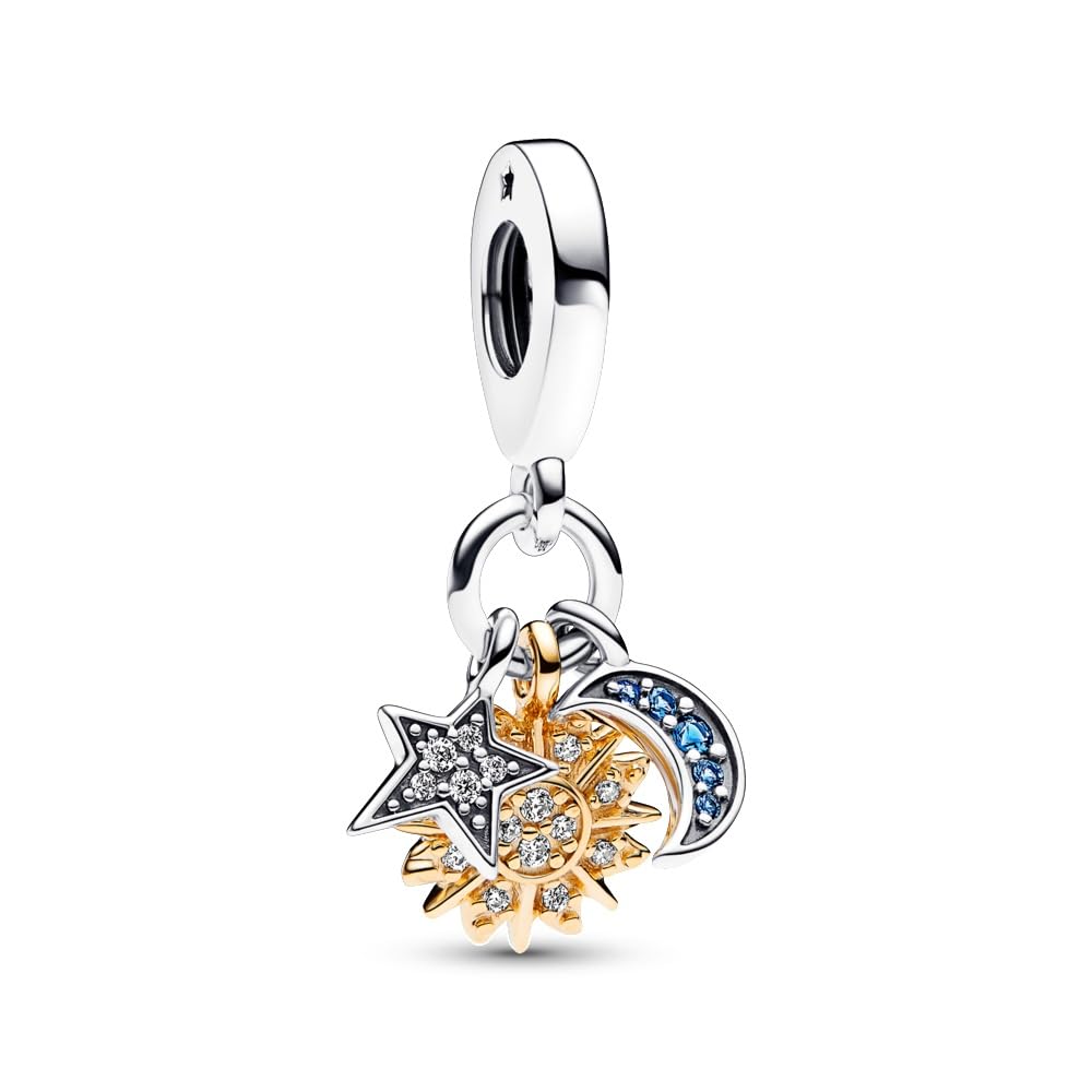 PANDORA Bicolor Himmlischer Dreifacher Charm-Anhänger aus Sterling Silber mit 14 Karat vergoldeter Metalllegierung, Cubic Zirkonia, Kompatibel Moments, 762676C01