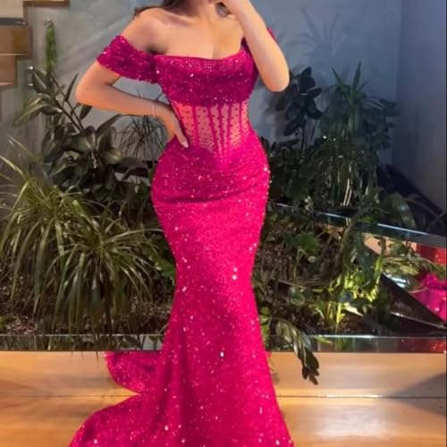 MiwiNovia Sequin Mermaid Prom Dresses for Women 2025 Sparkly Off Shoulder Formal Evening Dress with Train P10504