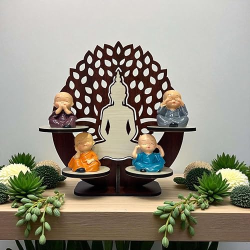Image of P Arts Buddha Monk Under Tree Showpiece Set of 4 for Home Decor | Monk Tree Statue with Wooden Stand | Meditation Buddha Figurines | Spiritual Gift & Office Table Decor