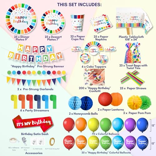 489 Pieces Happy Birthday Decorations Kit, All-in-1 Festive Party Decor Supplies Package for Boys and Girls With Rainbow Balloon Arch Kit, Banner, Plates & Cups for 25 Guests - Multicolor