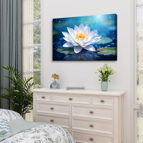 Image of Lotus Flower Wall Art Zen Living Room Wall Decor White Water Lily Floral Canvas Picture Spa Yoga Room Decor Nature Botanical Plant Painting Meditation Poster Spiritual Artwork Home Decoration 16x24 inch