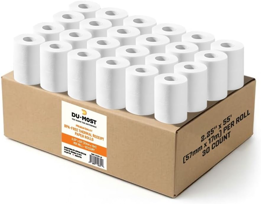 DU-MOST 5255 Thermal Receipt Paper Rolls, 2-1/4" x 165 ft, 50 Pack, BPA & BPS Free Premium Cash POS Register Paper Bulk for Credit Card Terminals, Receipt Printers