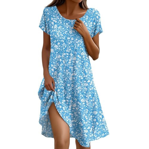 Sommerkleid Damen Knielang Casual Kleider Sommer Boho Tunika Kleid A Linien Elegant Strandkleid Kurzarm Sommerkleider Frauen Leicht Und Luftig...