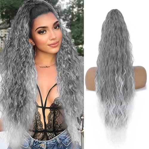 Image of Claw Clip Ponytail Extension 26In Long Wavy Curly Hair,Ombre Grey