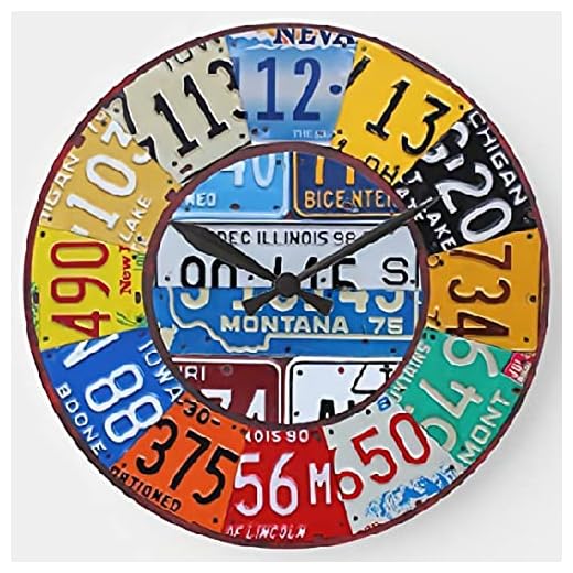 ArogGeld License Plate Wall Clock Car Tag Art Vintage Wooden Round Clock Wall Decor 10 Inch Battery Operated Large Decorative Wall Clock Silent Round Wood Wall Clock Hanging Clocks for Bedroom Decor