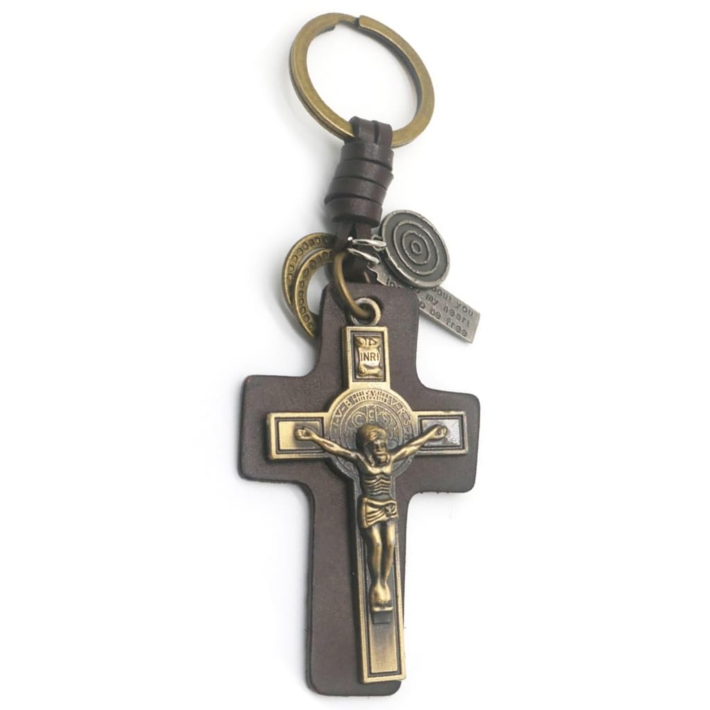 FackLOxc PU Leather Crucifix Charm Keychain Religious Key Rings Bag Pendant Purse Accessory Handmade Keyring for Daily Use