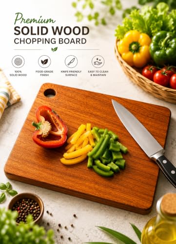 Image of Acacia Solid Wood Cutting Board 20x30 cm | Wooden Chopping Board for Kitchen | Reversible Vegetable, Fruit & Meat Cutting Board | Durable Kitchen Chopping Board (33L x 23W with Hole)