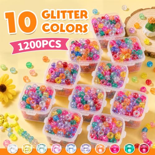 Image of 1200 pcs Pony Beads 6x9mm Glitter Clear Plastic Beads Transparent (Pack of 2)