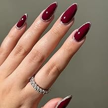 Gloss & Go 24 Reusable Artificial Fake Nail Set| Dark Red Color With Silver Glitter Design Glossy Nails| Lightweight & Long Lasting| Quick Fix For Festivals & Special Occasions