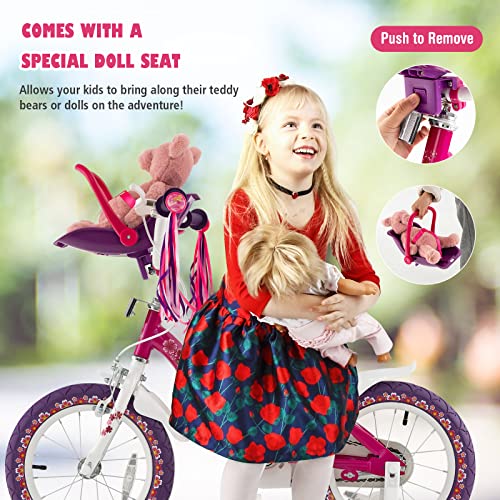 Image of BABY JOY Retro Kids Bike, 12 14 16 18 Inch Child Bike for 3-8 Years Old w /Rattan Basket, Adjustable Height, Training Wheels, Fenders, Handbrake Coaster Brake, 95% Pre-Assembled Kids Bicycle for Girls