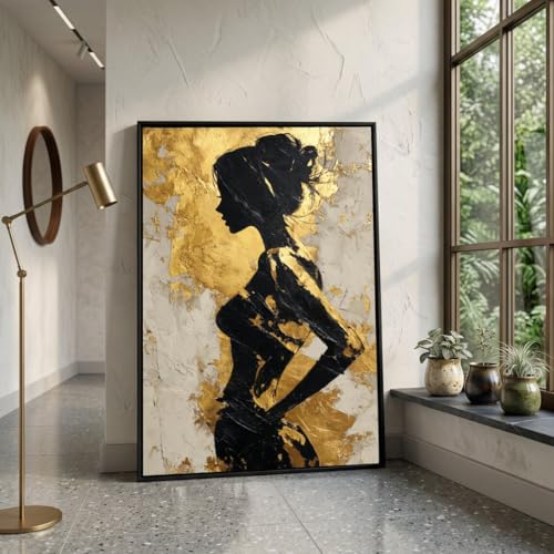 Art mural abstrait noir et or avec toile texturée de haute qualité